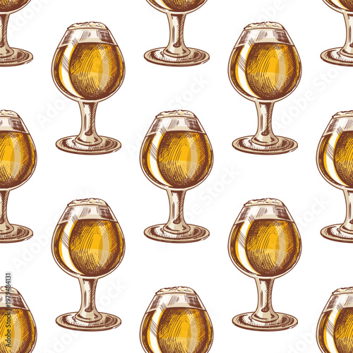 Hand drawn vintage seamless pattern of goblet beer glass with foam on stem illustration in warm golden tones