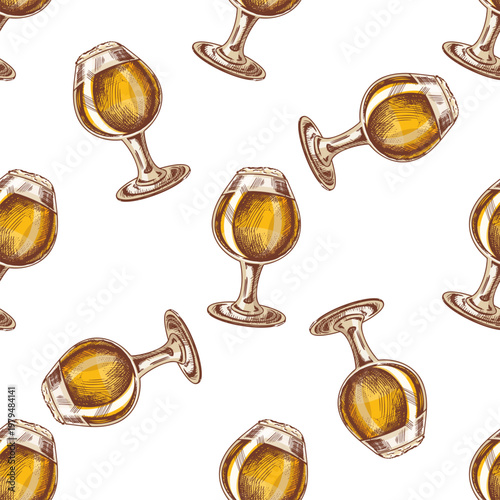 Hand drawn vintage seamless pattern of goblet beer glass with foam on stem illustration in warm golden tones
