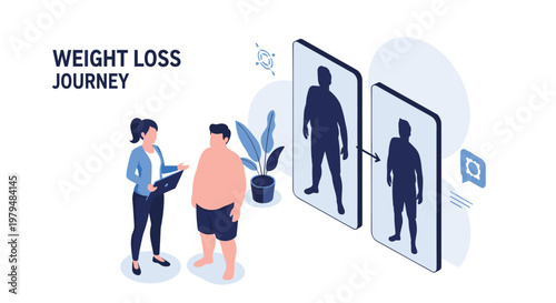 Overweight man starting weight loss journey with professional consultant showing body transformation on digital screens.