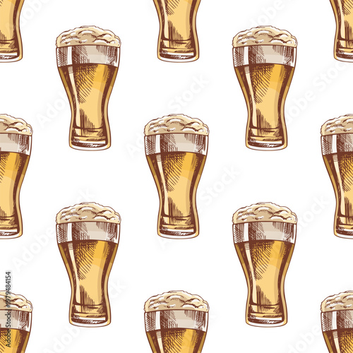 Hand drawn vintage seamless pattern of tall beer glasses with foam light lager drink repeat pub design
