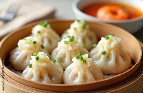 Steamed chicken dumplings sit in bamboo steamer basket. Savory meat filled wontons are garnished with chopped green onions. Side dish of spicy dipping sauce served.