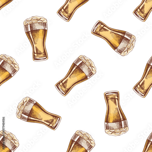 Hand drawn vintage seamless pattern of tall beer glasses with foam light lager drink repeat pub design