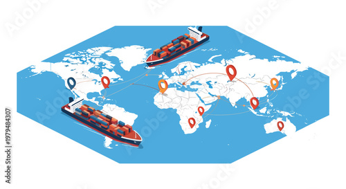 Two cargo ships traveling across global map with multiple location pins and connection lines for international trade.