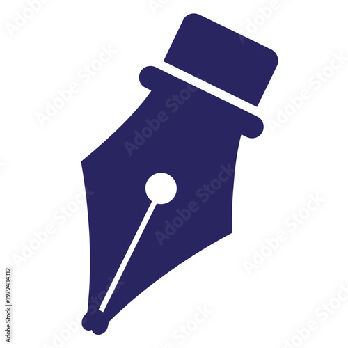 Dark blue fountain pen nib with white details on white background, writing instrument