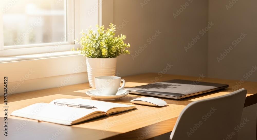 Fototapeta premium home office workspace with laptop and coffee