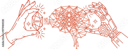 Data transfer vector illustrations of artificial intelligence. Technology concepts of cognitive computing and information processing. Concepts for web design and UX in outline art style.