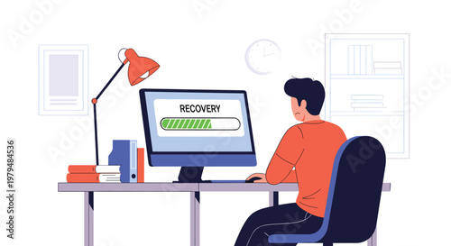 Worried man watching slow data recovery progress bar on computer monitor in home office workstation during late evening.