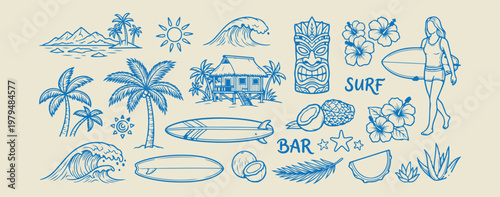 Tiki bar and tropical surf illustration, hand drawn beach holiday and ocean doodles, decorative exotic island and surf sketches, artistic summer vacation and travel elements, minimalist tiki mask and 
