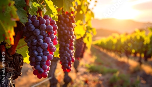 Vineyard at Sunset - A Bountiful Harvest of Grapes.