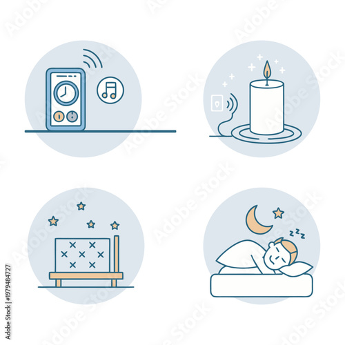 Sleep Routine Icon Set, Minimal Bedtime and Deep Sleep Black and White Vector Icons
