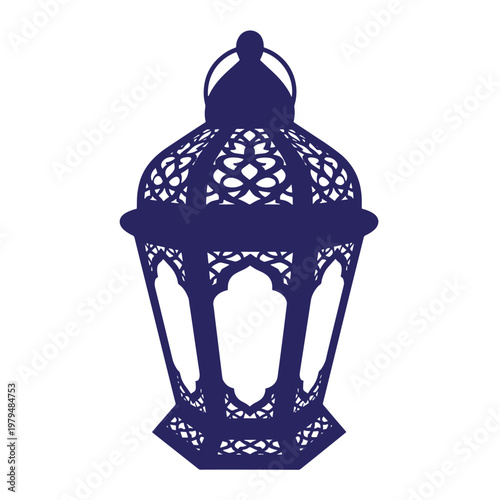 Dark blue lantern with intricate cut-out isolated on white background, intricate isolated