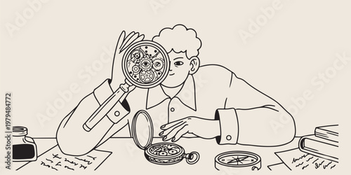 Portrait artist at work character illustration, hand drawn painter and creative hobby doodles, decorative art studio and painting sketches, artistic character design and drawing elements, minimalist a