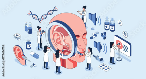 Team of miniature doctors using medical equipment and magnifying glass to perform detailed examination of giant human ear.