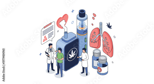 Doctors discussing medical marijuana and health effects of vaping with patient featuring lungs and pharmaceutical icons for research.