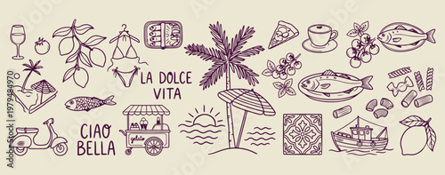 La dolce vita mediterranean life illustration, hand drawn Italian lifestyle and travel doodles, decorative coastal town and beach sketches, artistic summer holiday in Europe elements, minimalist medit