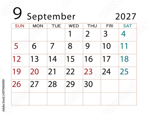 2027年カレンダー　9月 ⑵