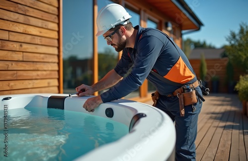 Worker in hard hat works on new hot tub installation. Man with tool fixes jacuzzi plumbing on wooden patio. Spa technician services home hydrotherapy unit.