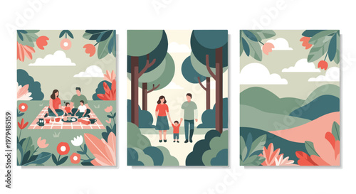 Flat vector illustration set of family picnic in nature, happy people walking in forest park, scenic outdoor landscape posters with trees and flowers