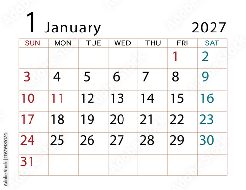 2027年カレンダー　1月 ⑵