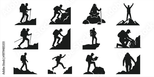Hiking and adventure icon set featuring climbers, trekkers, and mountain activities, clean silhouette vector perfect for outdoor, travel, and exploration themes.