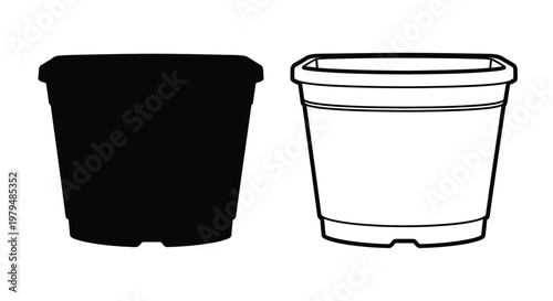 Two plastic flower pots one dark and one light silhouette