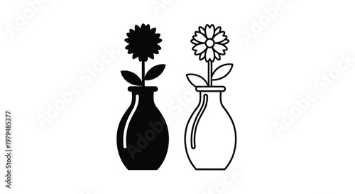 Two flower arrangements in vases a contrasting black silhouette