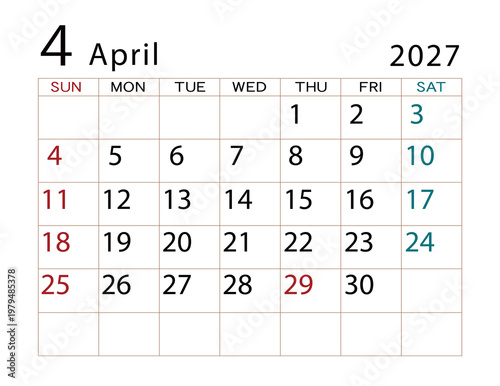 2027年カレンダー　4月 ⑵
