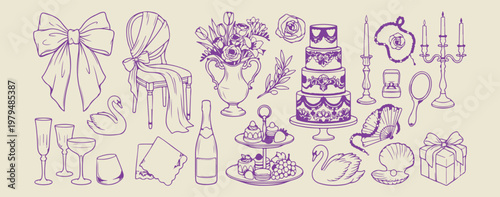 Afternoon tea and pastry treats set, hand drawn bakery and dessert doodles, decorative cafe and high tea theme sketches, artistic sweet cake and tea icons, minimalist kitchen and dining design element