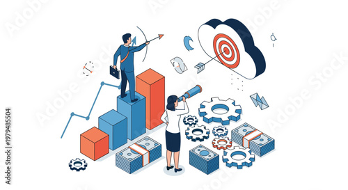Business professionals working together to reach financial targets and goals featuring charts money and gears illustration for success.