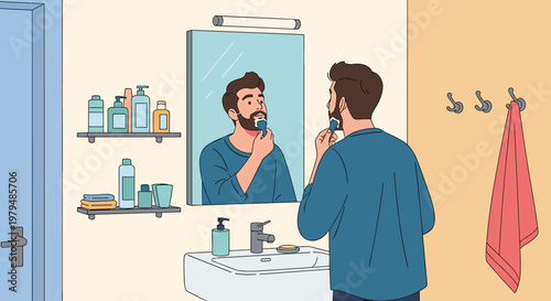Young man grooming himself by shaving his beard in the bathroom mirror during morning routine illustration for personal hygiene care.