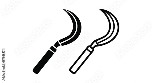 Two curved scythes depicted in a stark black silhouette