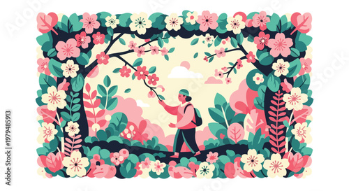 Flat vector illustration of a woman hiking through a blooming spring forest, floral frame with pink cherry blossoms, outdoor nature adventure scene