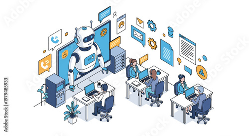Office environment with employees working on computers and a large robot assistant representing artificial intelligence for automation.