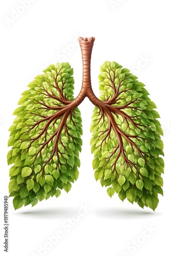 Kreative, surrealistische Darstellung menschlicher Lungen in Form eines Baumes: Die Bronchien verzweigen sich wie Äste und tragen dichte, grüne Blätter. Das Bild symbolisiert Gesundheit, Atmung, Natur