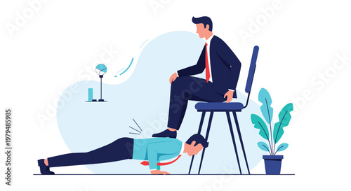 Workplace hierarchy and pressure concept with a manager sitting comfortably while an employee struggles below him for corporate power.