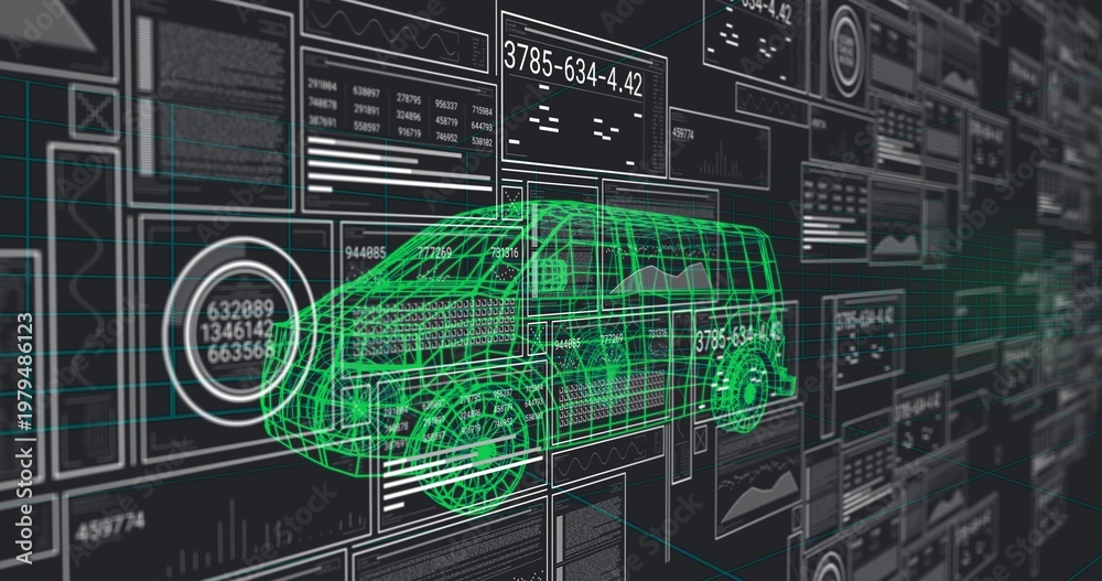 Obraz premium Floating neon-green 3D wireframe van rotating in virtual workspace, with dashboards and readouts