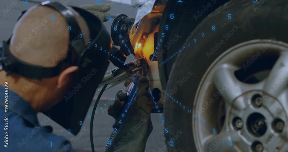 Fototapeta premium Welding welder in garage, helmet and leather gloves fixing panel by wheel with torch, blue overlay