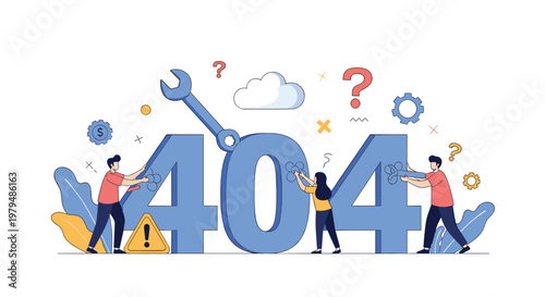 Team of workers using tools to fix a website 404 page error and technical issues for better user experience for internet technology.