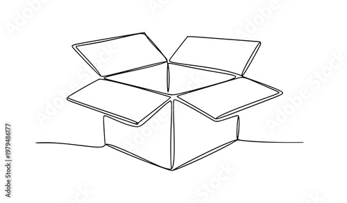 Open carton box continuous line vector with single stroke minimalist packaging illustration in perspective view