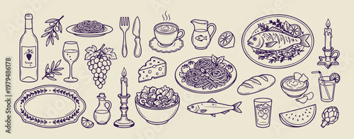 Italian pasta and dining table illustration, hand drawn mediterranean meal sketches, decorative restaurant and cooking doodles, artistic traditional italian kitchen icons, minimalist pasta bowl and ut