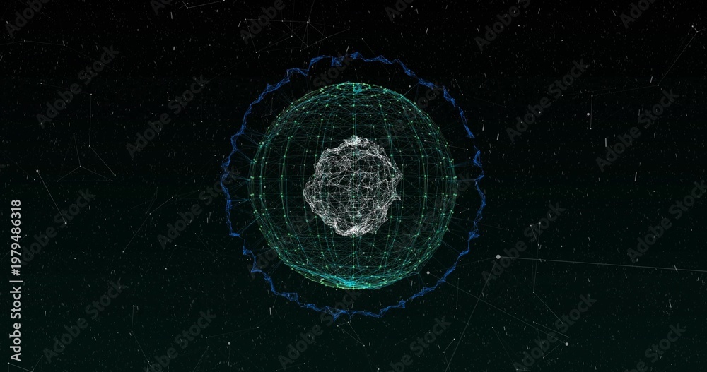 Fototapeta premium Displaying multicolor spherical network pulsing in virtual deep-space void, with wireframe meshes
