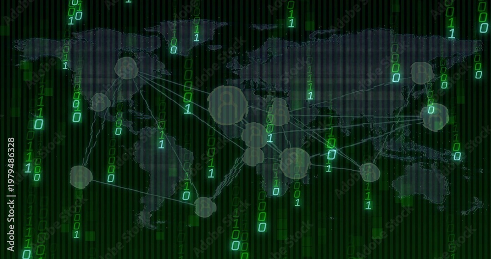 Obraz premium Displaying transparent world map in virtual network with cascading binary digits and nodes