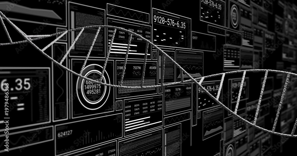 Obraz premium Hovering textured grayscale double-helix strand moving across dark data wall, showing HUD panels