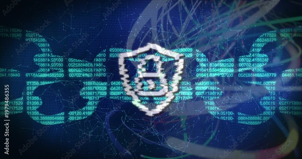 Naklejka premium Displaying central pixel shield emblem glitching over digital network, showing padlock, code, mesh