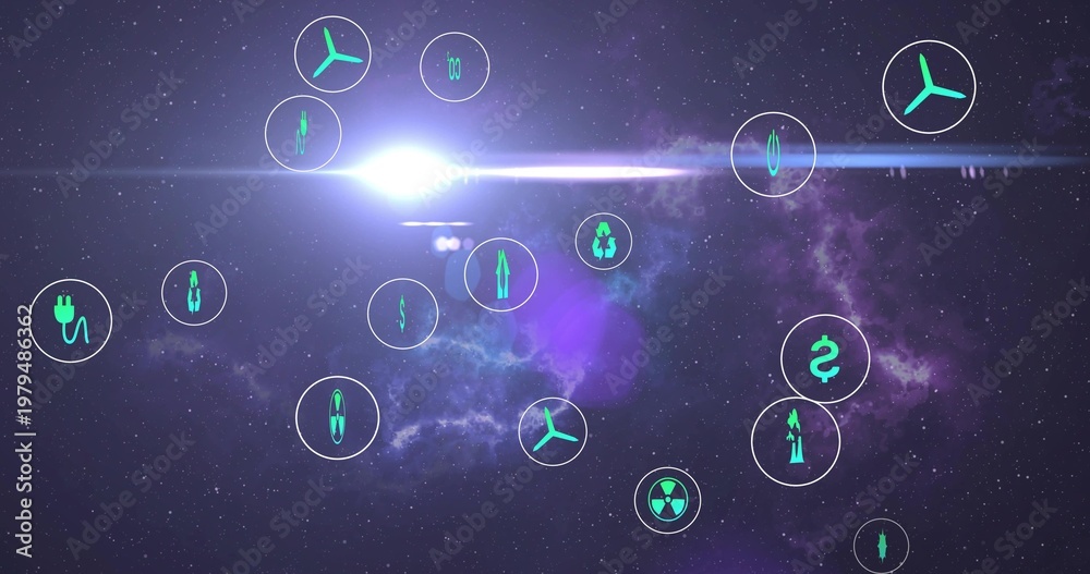 Fototapeta premium Displaying HUD icon cluster floating in space, featuring turbine plug recycle dollar human icons