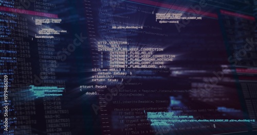Displaying layered code and terminal windows on developer workstation screen, showing HTTP flags