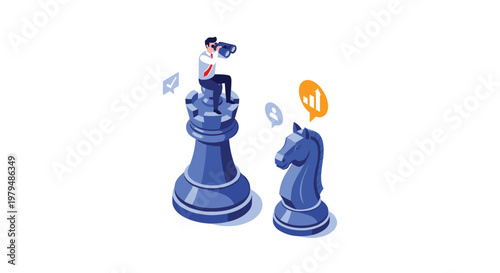 Businessman strategist sitting on a chess piece and using binoculars for market analysis and competitor observation for business growth.