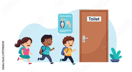 School children running happily towards the toilet door in a hallway with a handwashing hygiene poster for health awareness in school.
