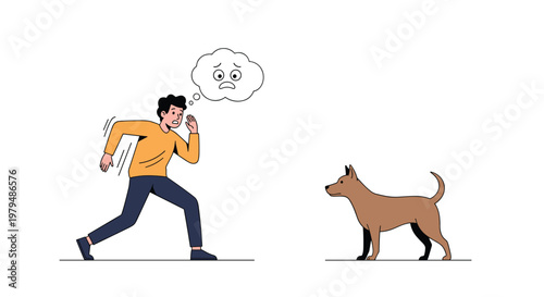 Man running away in fear from a small dog with a thought bubble showing a worried facial expression illustration for phobia reaction.
