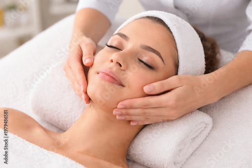 a person is getting a facial massage close-up, empty space for text, template, photo background, layout, banner, advertising